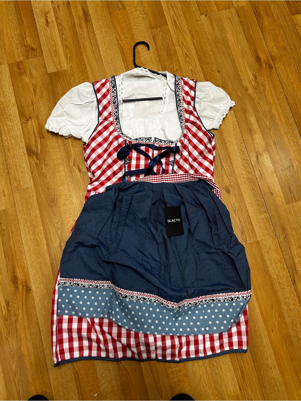 Traditional Red Gingham Dirndl Dress with Navy Apron